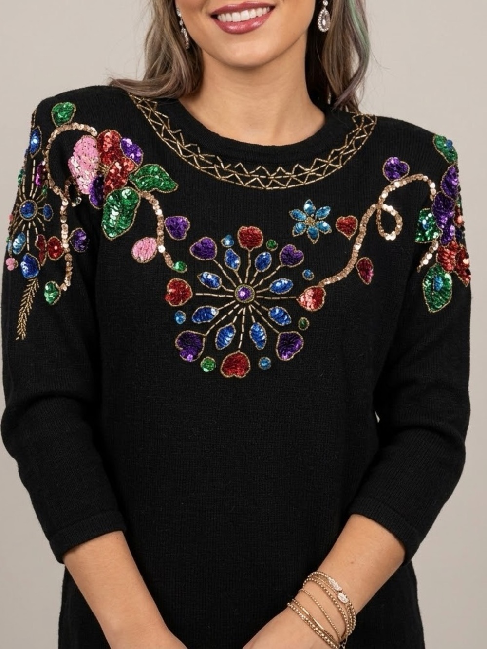 VINTAGE 1991 Beaded Sequin Floral Crewneck Sweater Black Small